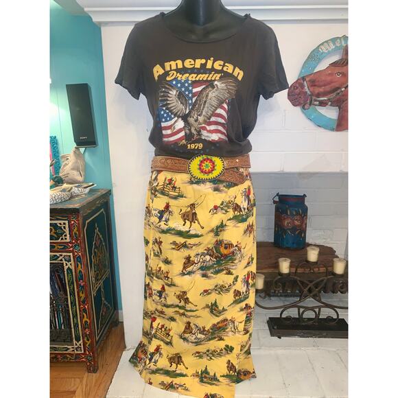 VINTAGE 90's UNWORN COWBOY PRINT WESTERN WRAP SKIRT-MALIBU COWBOY, BEYONCE - Picture 1 of 11